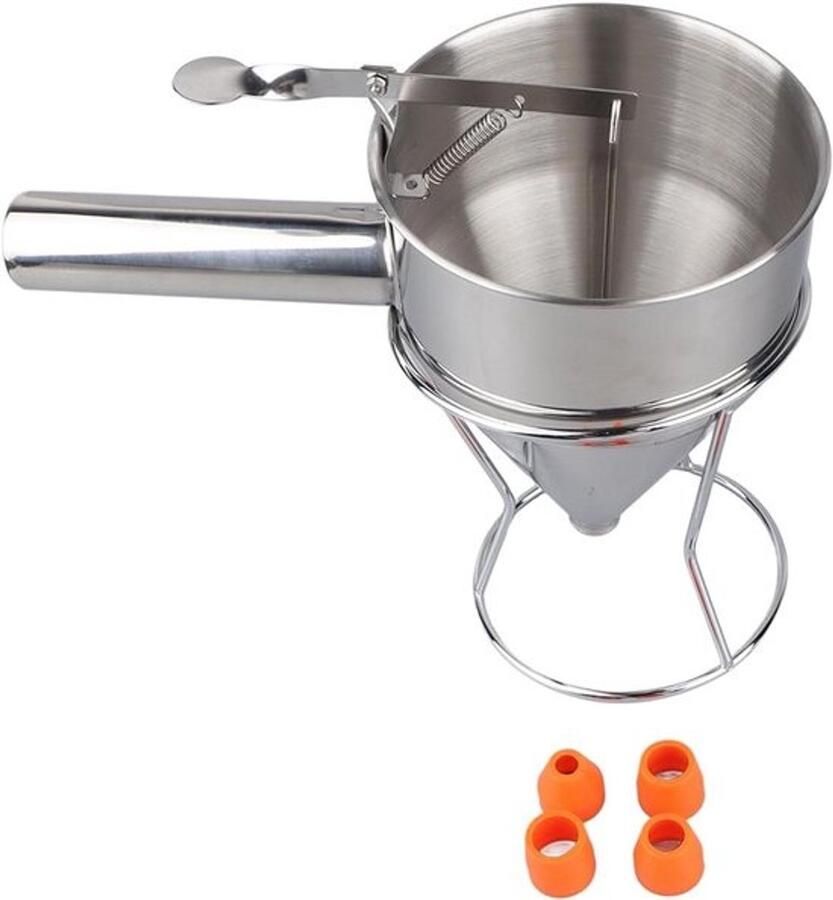 Beslagdispenser Roestvrijstaal Pannenkoekdispenser Keuken Bakken Desserts Maken Vier Siliconen Tuiten 1200 ml Capaciteit Zilver
