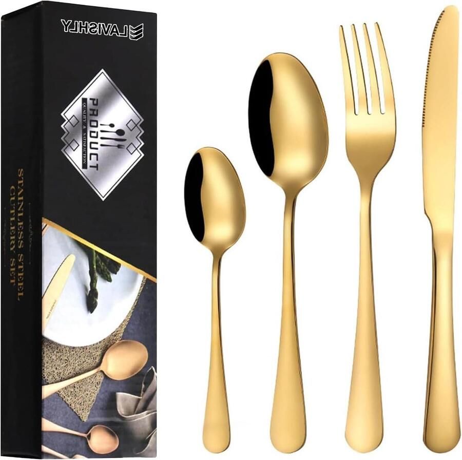 Bestekset 16-delig Gouden servies Eettafel verfraaien Spiegelgepolijst design Voor 4 personen Goud