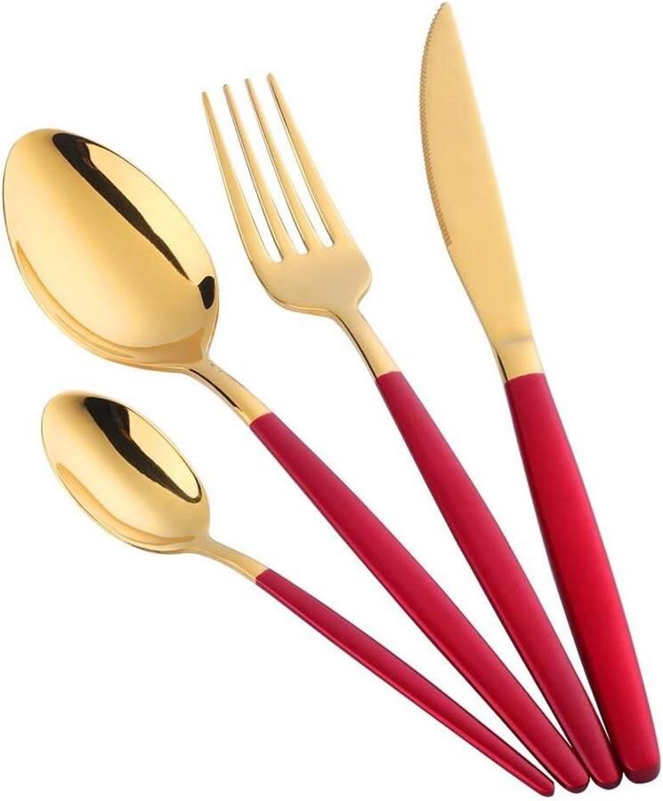 Bestekset 24 Delig Dinerbestek Set Voor 6 Personen Roestvrij Staal Set van 24 Rood-Goud