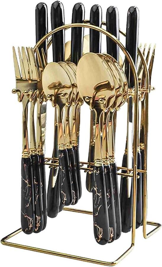Bestekset 24 stuks Keukengerei metaal Dineren feestelijk Gouden rand accent 6 personen Zwart goud