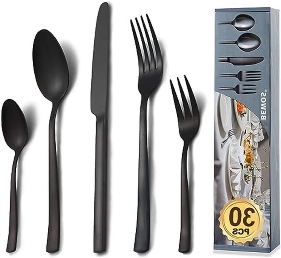 Bestekset 6 personen Keukengerei set Dagelijks dineren Roestvrij staal 30-delig Mattrzwart