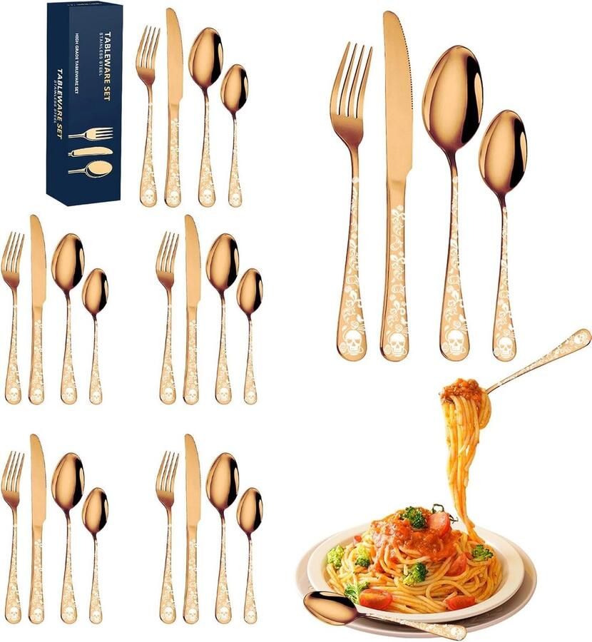 Bestekset 6 Personen Tafelbestek Set Dagelijks Diner Uniek Schedelpatroon 24 Delig Roségoud