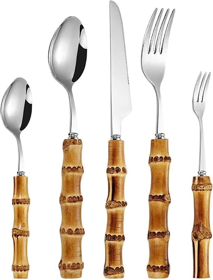 Bestekset Bamboe Roestvrij Staal Bestek Familie Diner Natuurlijk Bamboe Handvat 18 Personen Set Zilver