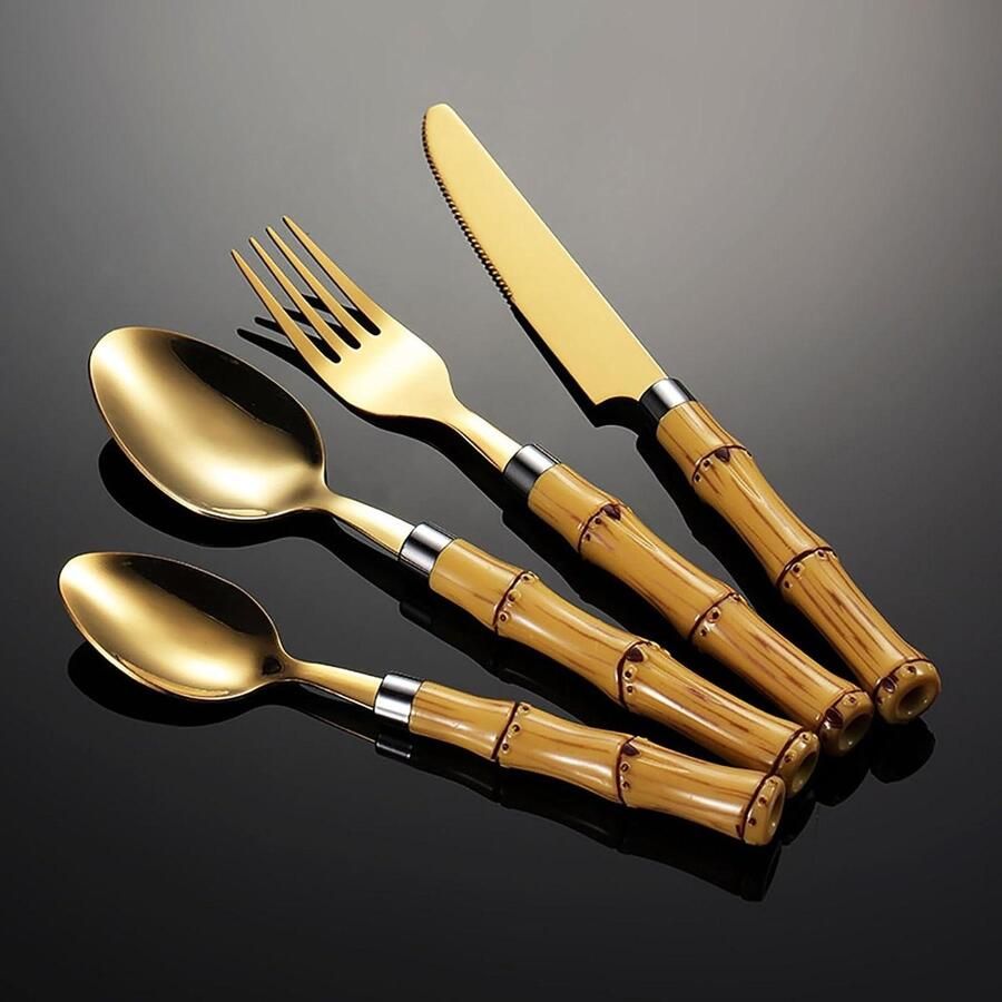 Bestekset Bamboe Roestvrij Staal Thuisgebruik Keuken Spiegelgepolijst Design 8 Personen 32 Delig Goud