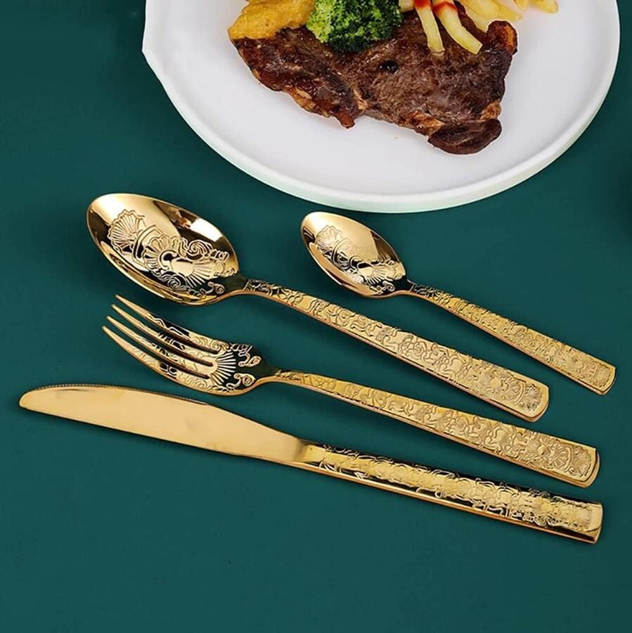 Bestekset Goud Eetgerei Set Feestelijk Dineren Matte Afwerking 6 Persoons Goud