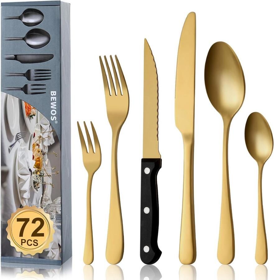 Bestekset Goud Serviesgoed Luxe Dineren Feestelijk Roestvrij Staal 72 Delig Goudkleurig
