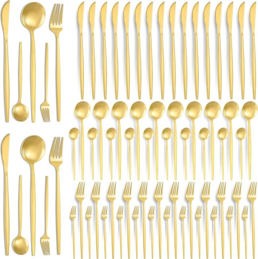 Bestekset Roestvrij Staal Servies Set Tafelbestek Dineren Thuis Vaatwasserbestendig 60 Delen Goud