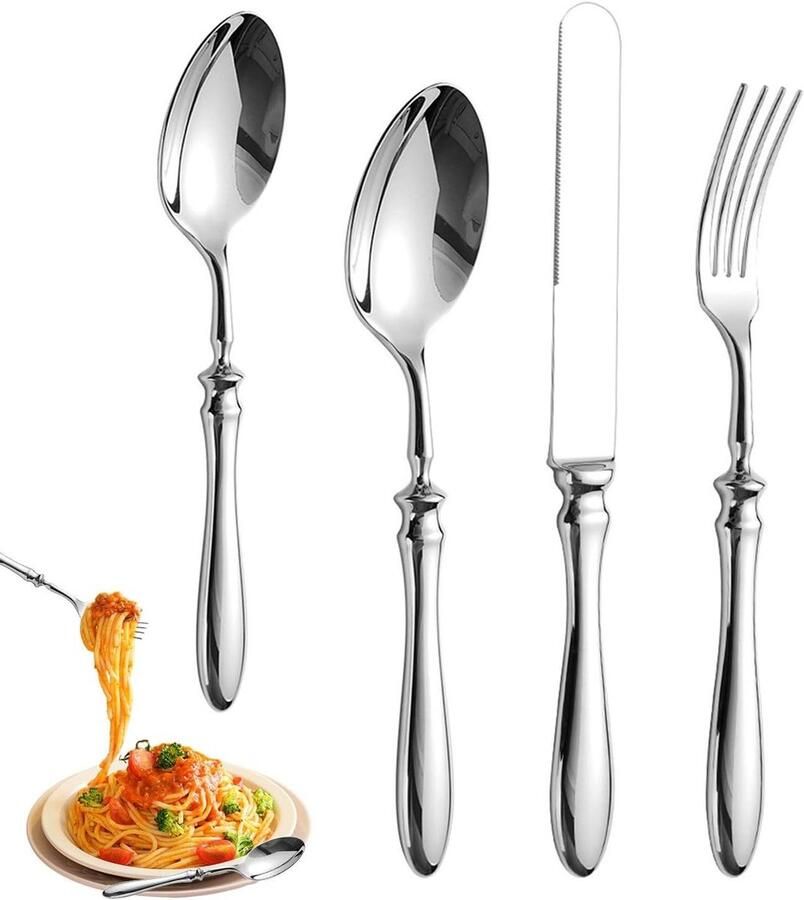 Bestekset Roestvrij Staal Tafelbestek Luxe Set Dineren en Feestelijkheden Handgesmede Textuur 4 Delig Zilver