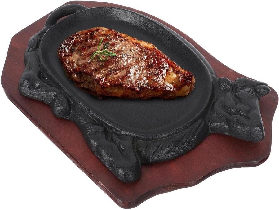 Gietijzeren Teppanyaki Grillplaat Biefstukpan Visplaat Thuis Grillen Antiaanbaklaag Houten Tray 28.5 cm Zwart