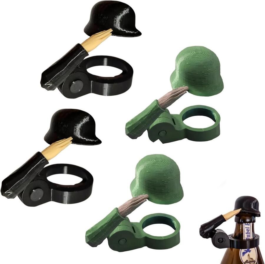 Bierflesdoppen 4 stuks Leuke Soldaat Groet Bierfles Helm 3D-Geprint feestflesdoppen Grappige Flesopener & Decoratieve Flesdop voor Feestjes BBQ en Cadeaus zwart groen