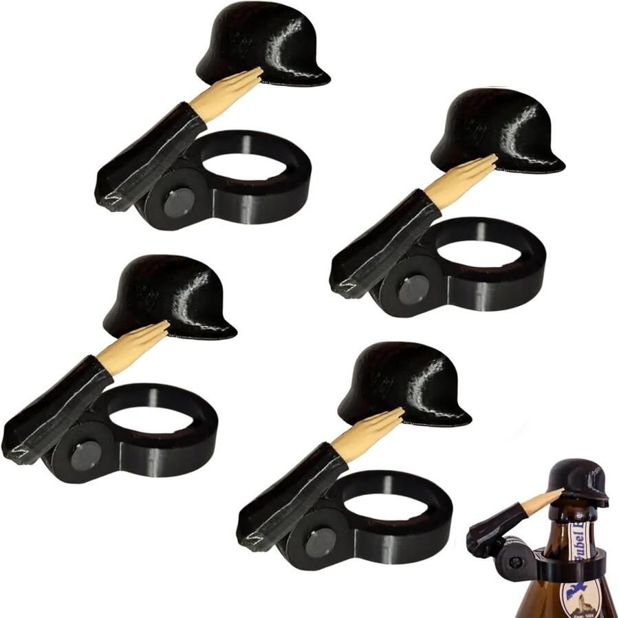 Bierflesdoppen 4 stuks Leuke Soldaat Groet Bierfles Helm 3D-Geprint feestflesdoppen Grappige Flesopener & Decoratieve Flesdop Luxe Flessenstoppen voor Feestjes BBQ en Cadeaus zwart