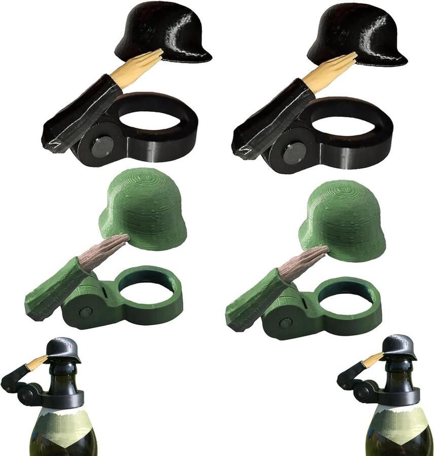 Bierflesdoppen met soldatengroet 4 stuks 3D-Geprint Anti insecten dopjes bierflessen eco voor barbecuefeestjes en bars cadeaus voor veteranen actieve militairen en patriottische bierliefhebbers zwart + groen