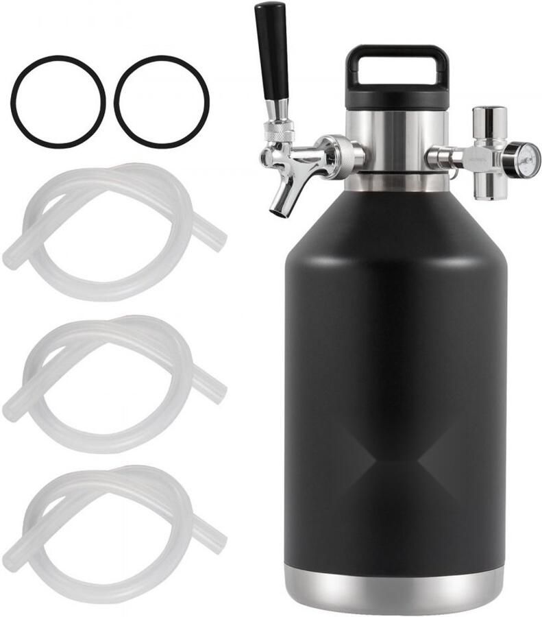 Biertap Mini Bierfust 4 L Growler Dubbellaags RVS Draagbaar Drukvat Verstelbare Kraan met CO2-Drukregelaar Houdt Bier Vers en Koolzuurhoudend Zilver