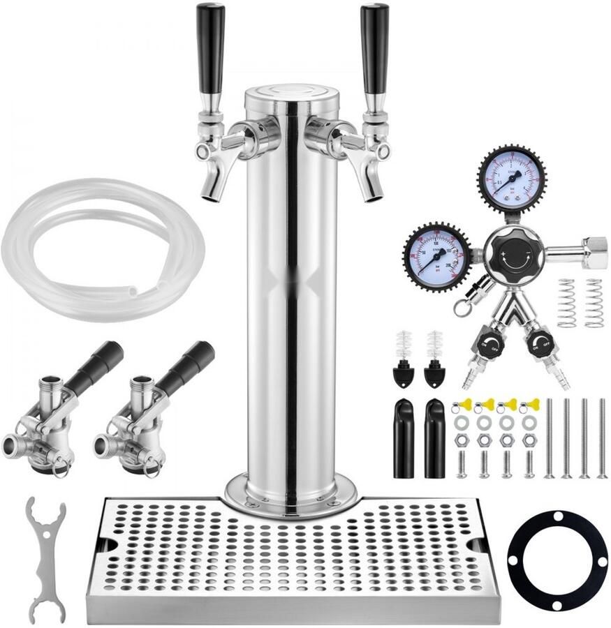 Biertaptoren (Tapzuil) Set Kegerator Ombouwkit Twee Tapkranen Roestvrij staal CO2-regelaar W21.8 met dubbele manometer S-systeem vatkoppeling Lekbak