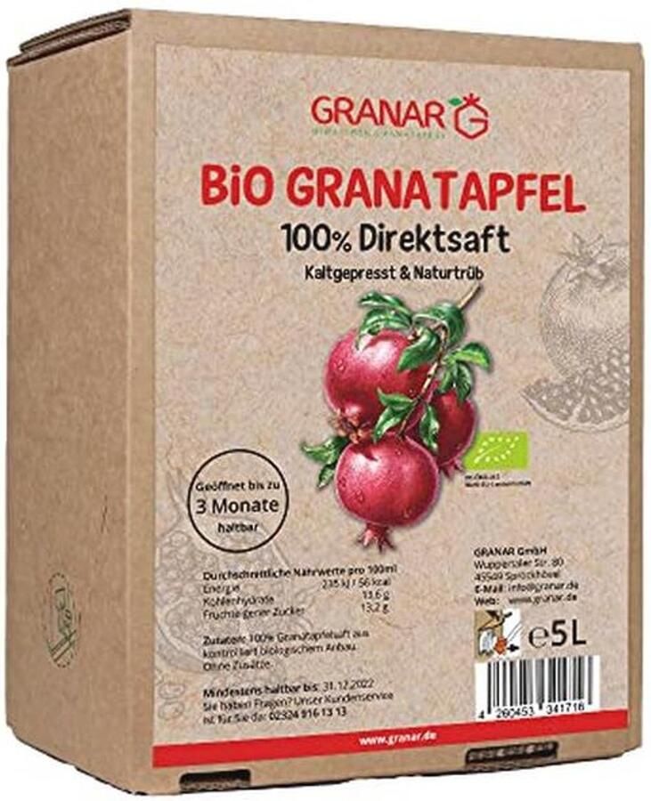Biologisch granaatappelsap 5 liter 100% natuurlijk en vers ongefilterd en troebel
