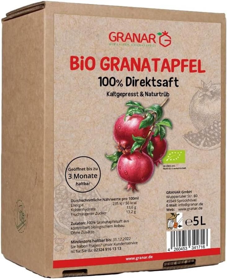 Biologisch granaatappelsap 5 liter 100% natuurlijk en vers ongefilterd en troebel