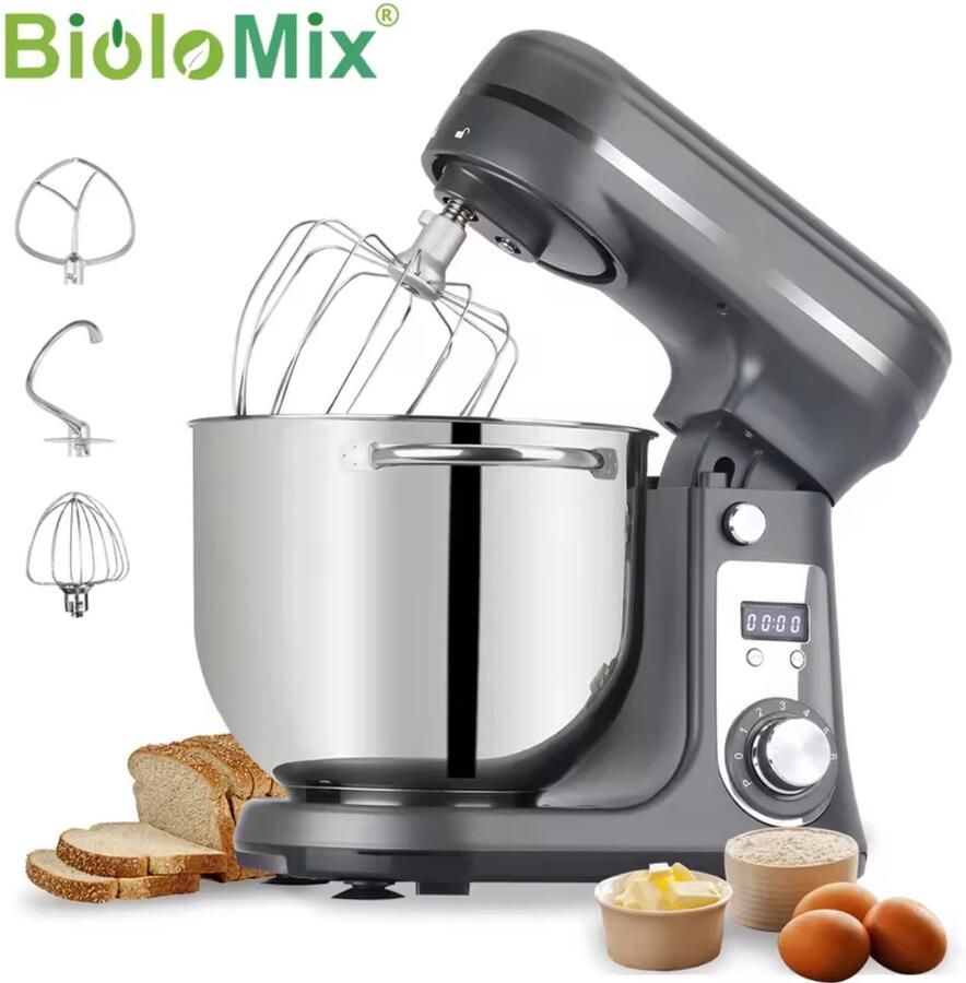 Biolomix Keukenmachine Keukenmixer Foodprocessor Mixer Blender Stille motor Keukenmachines Mixer met mengkom Mixers 6L kom 1200W Grijs