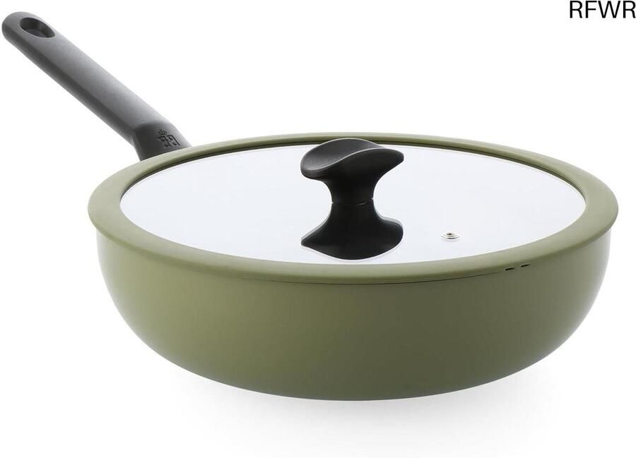 Keramische Wokpan Koekenpan met deksel Gezond Koken PFAS-vrije Coating 28 cm Olijfgroen