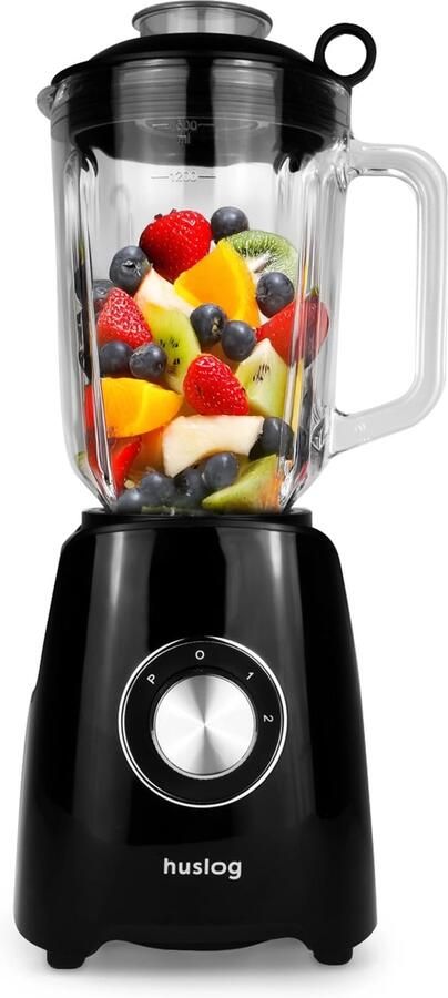 Blender 1200W 1 5L Glazen Kan 6 RVS Messen 2 Snelheden + Pulsfunctie Ice-Crush-Functie Navulopening in Deksel Oververhittingsbeveiliging Krachtig voor Smoothies Groenten & IJs Zwart