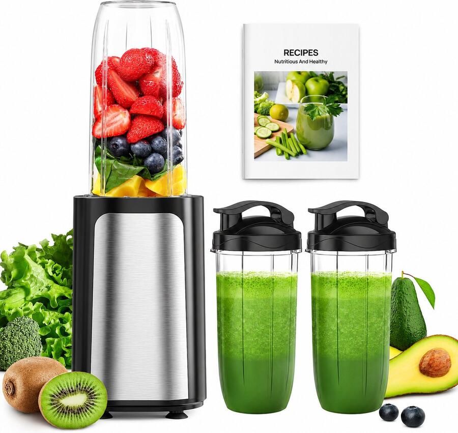 Blender 900W Smoothie Maker met 3 To-Go Bekers 500 700 ml – 23.000 RPM – RVS Messen – BPA-vrij