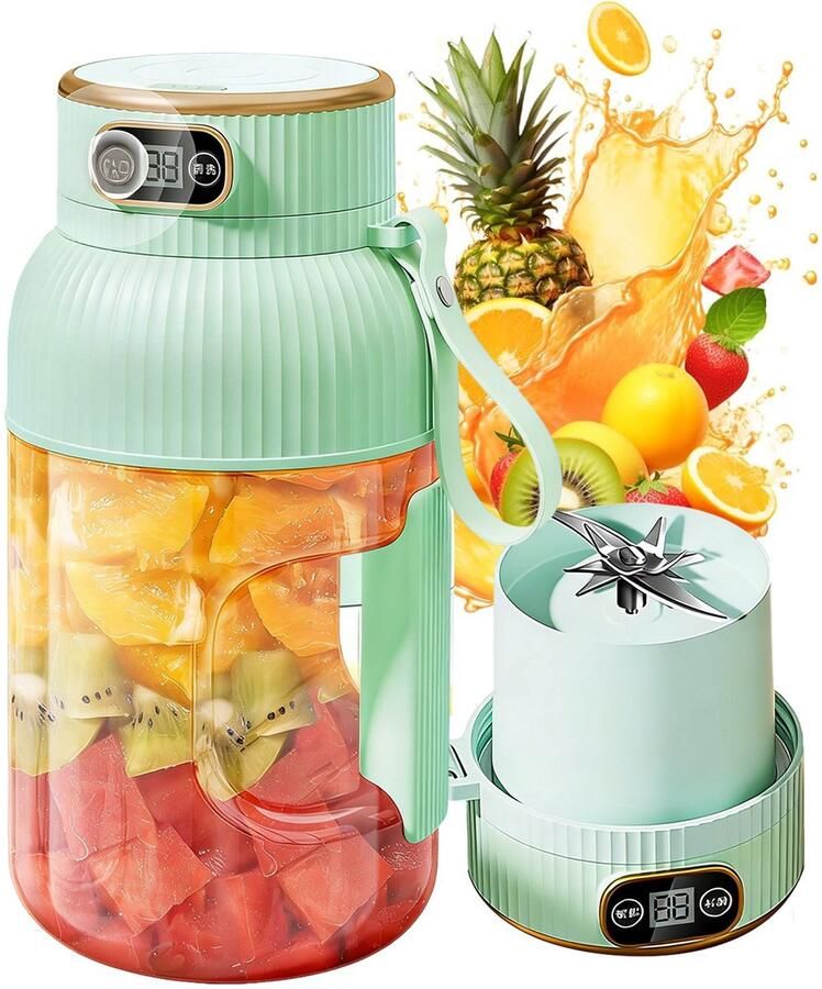 Blender Beker Draadloze Persoonlijke Blender Draagbare smoothieblender Draagbare sapcentrifuge 1.2L Groen 10 Messen & 3000mAh Met LED-scherm & 2 Snelheden