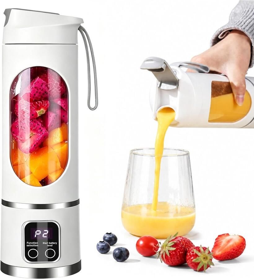 Blender smoothie maker to go 500 ml draagbare blender met led-display en 12 messen USB 1500 mAh elektrische mixer BPA-vrij voor sport reizen kantoor outdoor (wit)