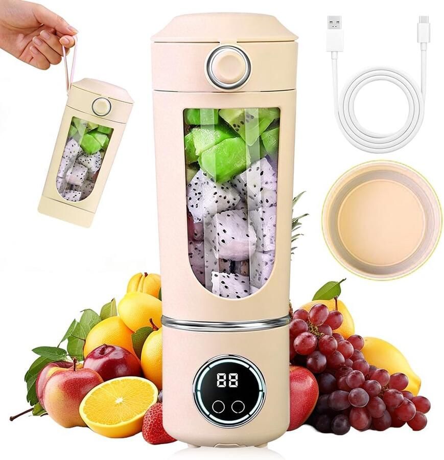 Blender smoothiemaker 700 ml draagbare blender met led-display 12 messen kleine mixer voor shakes en smoothies oplaadbare mini-standmixer voor sport reizen beige