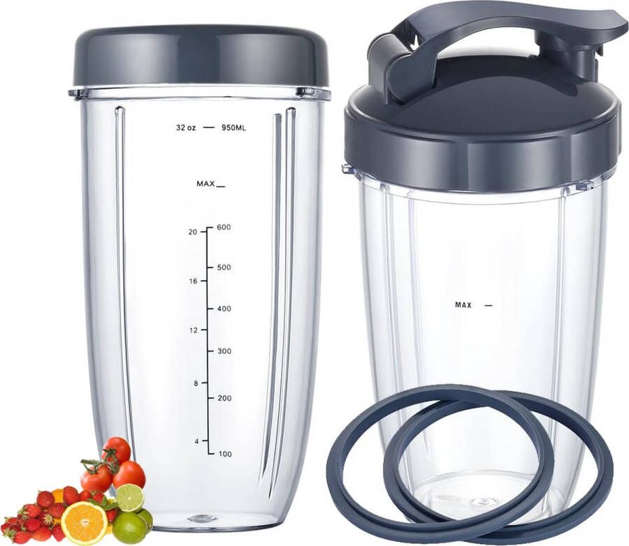 Blenderaccessoire 6stuk Vervangende Blenderbekers Geschikt Voor Nutribullet Blender 32OZ 24OZ Bekers Met Flip Top To Go-Deksel En Plat Deksel En Rubberen Pakking Blenderaccessoires Compatibel Met Geschikt Voor Nutri Bullet 600w 900w Blenders