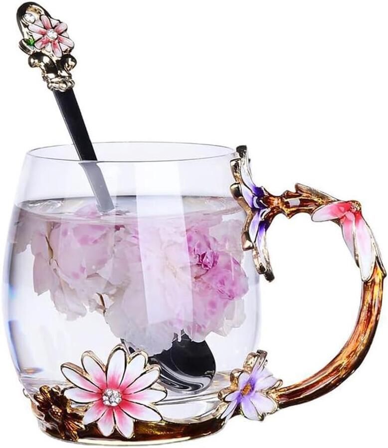 Bloem glas theekop glazen mokken met stalen lepel koffiemok perfecte cadeaus voor vrouwen vrouw vriendinnen Valentijnsdag bruiloft verjaardagscadeau (madeliefje 11oz)