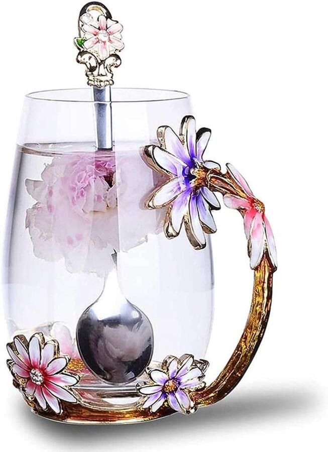 Bloem glas theekop glazen mokken met stalen lepel koffiemok perfecte cadeaus voor vrouwen vrouw vriendinnen Valentijnsdag bruiloft verjaardagscadeau (madeliefje 12oz)