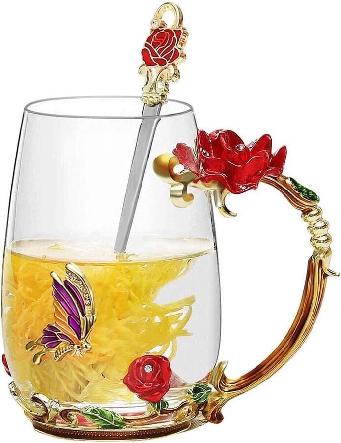 Bloem glas theekop glazen mokken met stalen lepel koffiemok perfecte cadeaus voor vrouwen vrouw vriendinnen Valentijnsdag bruiloft verjaardagscadeau (roos 12oz)