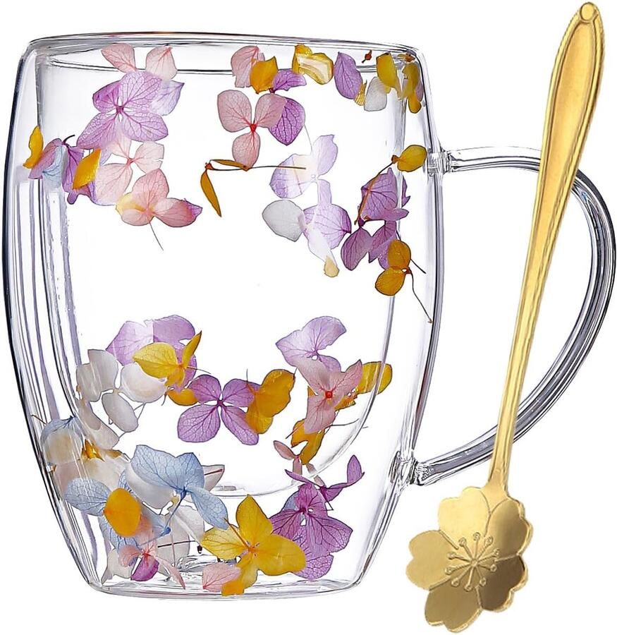 Bloemen glazen koffiemokken gedroogde bloemen dubbelwandige glazen koffiemokken schattige glazen theekopjes met handvatten geschenken voor beste vriend leraar moeder cadeau-ideeën