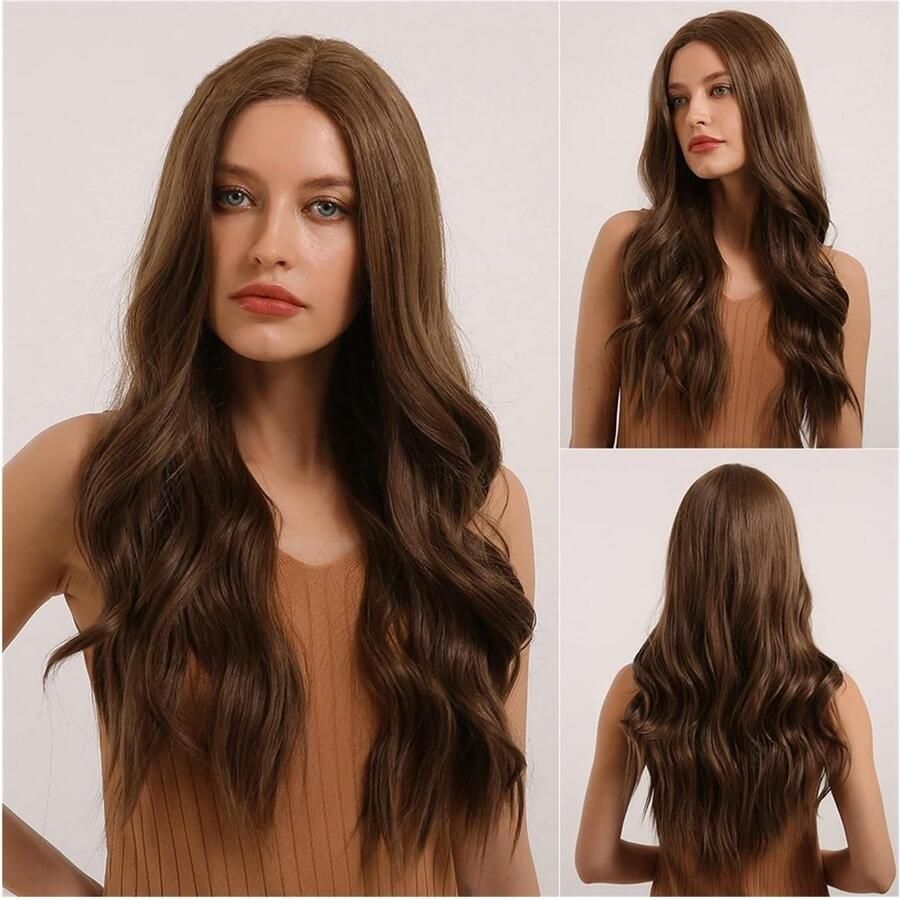 Blonde Pruik Kort 24 Inch Bruin Synthetische Pruik Voor Dames Lang Golvend Bruin Kanten Voorkant Pruik Middelste Stuk Pruik Synthetisch Hittebestendige Pruiken Dagelijks Feestgebruik Grijze Pruiken V