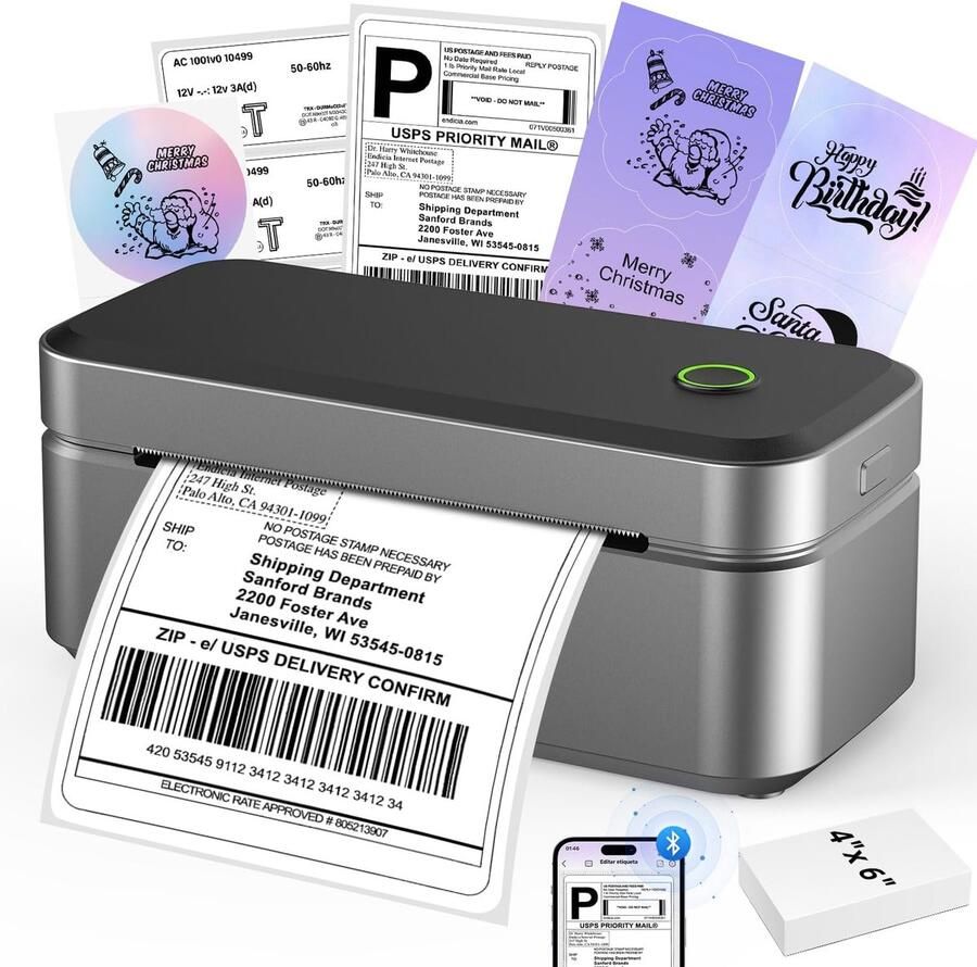Bluetooth-etiketdrukker 4x6 Etiketdrukker voor Verzending USB & Bluetooth 203 DPI Compatibel met Android iOS Windows Mac voor DHL-pakketten Colissimo Vinted Shopify Amazon