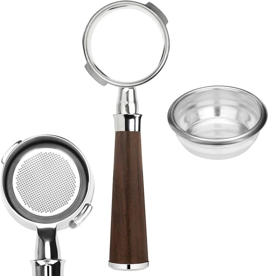 Bodemloze Portafilter Roestvrijstaal Houder Espresso Bereiden Walnoot Handvat 58 mm Metallic