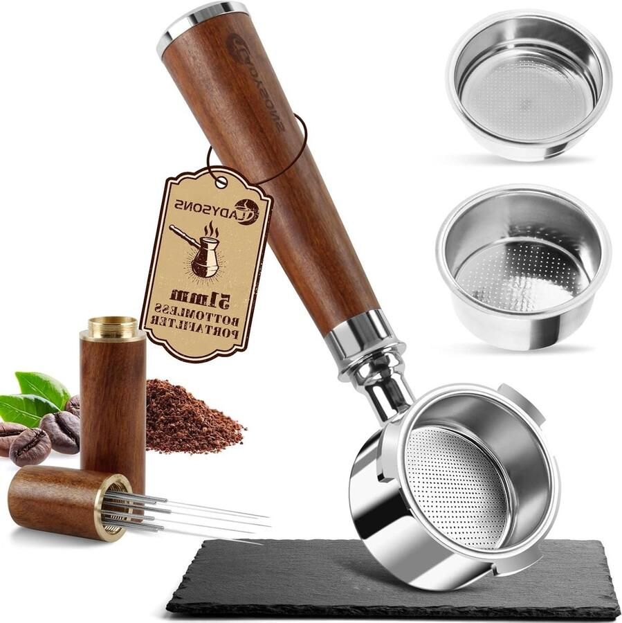Bodemloze Zeefdrager Koffiefilter Houder Espresso Zetten Walnoothouten Handvat 51 mm Bruin