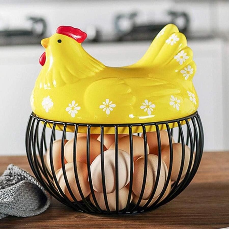 Boerderijstijl Eiermand Eierhouder Met Deksel Keuken Opbergen Zwart Smeedijzeren Frame 22 x 19 cm Geel