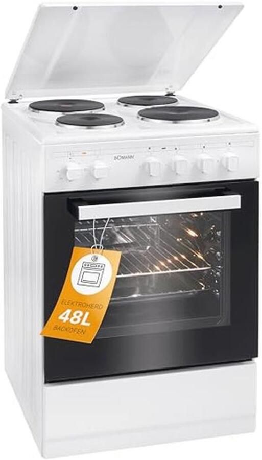 Bomann Oven 50 cm met fornuis Elektrische kookplaat vrijstaand 50 cm met 4 kookplaten Staande oven met oven 48L Boven- onderwarmte 40°C 240°C incl. plaat & grillrooster Elektrisch