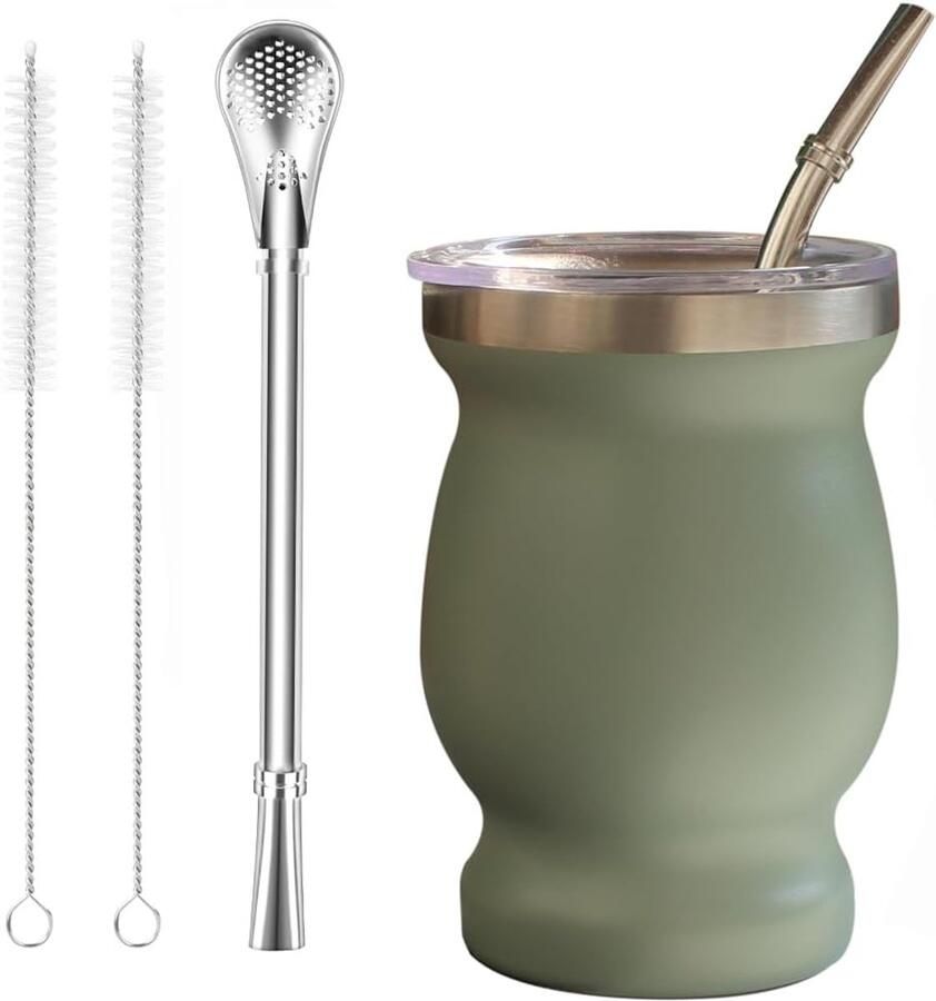 Bombilla Yerba Mate Kalebas 226 ml roestvrijstalen theekop set met multifunctioneel deksel twee rietjes en reinigingsborstels dubbelwandige koffiemok warmte-isolatie anti-verbranding
