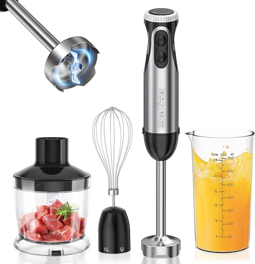 Bonsenkitchen Pureerstaaf 4-en-1 staafmixer elektrisch 1000 W traploze snelheden roestvrij staal garde 500 ml hakbeker en 700 ml maatbeker voor babyvoeding HB3203 (zwart)