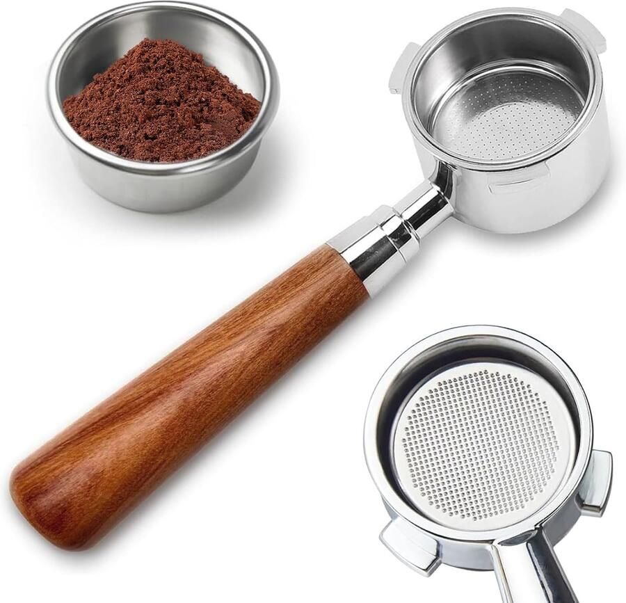 Bottomless Filterhouder 51 mm met 3 Oren Geschikt voor Espresso en DeLonghi Dedica RVS Filtermand en Rode Houten Handgreep