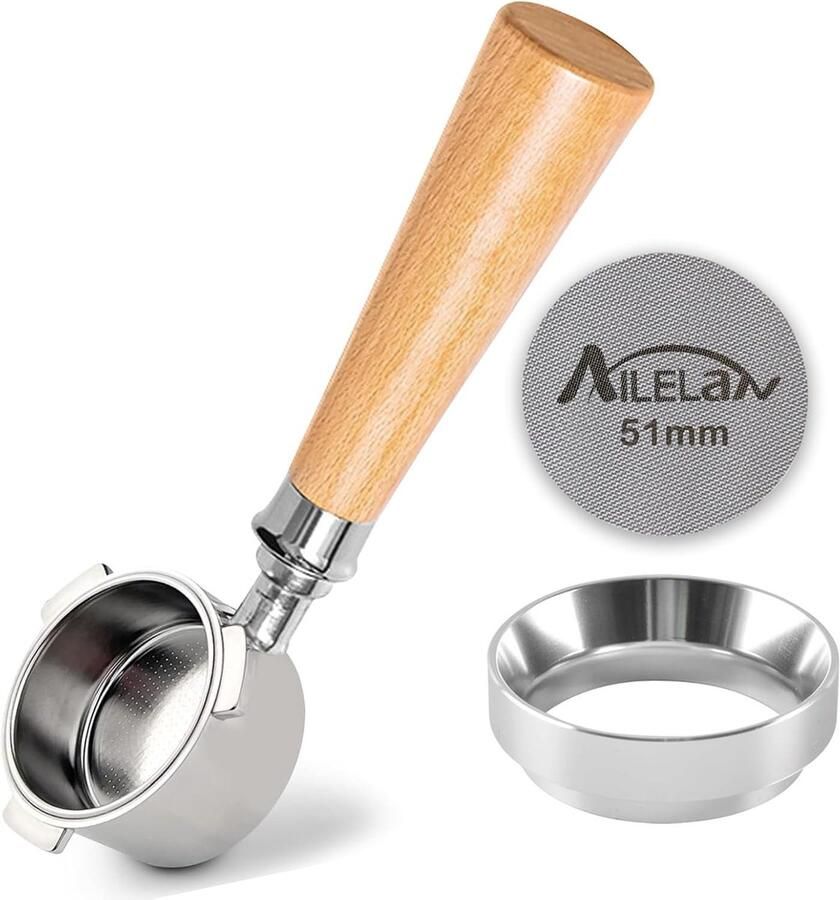 Bottomless Porta Filter 51mm met 3 Oren voor Espresso Machine Inclusief Doseringshulp en Espresso Zeef voor Perfecte Koffieervaring