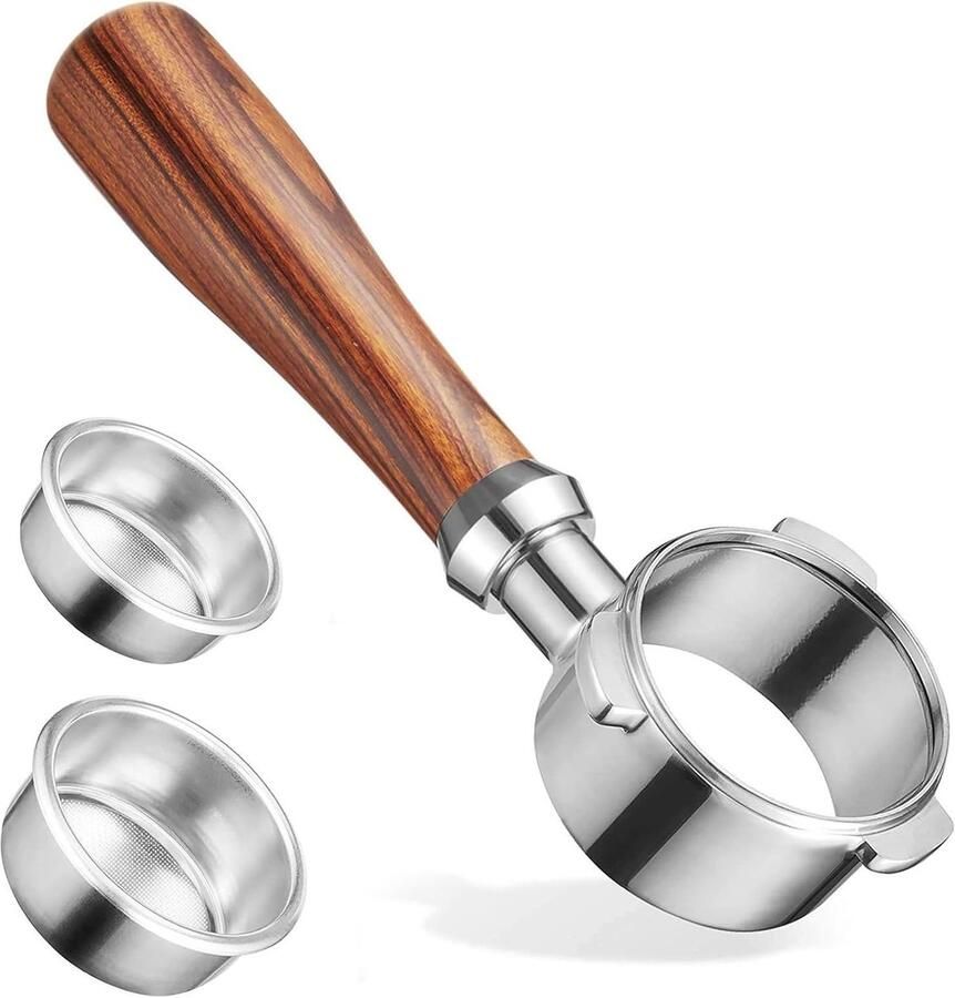 Bottomless Portafilter 51 mm met 3 Oren RVS Zeef en Rode Houten Handgreep voor Espresso Machines Perfect voor Barista's en Koffieliefhebbers