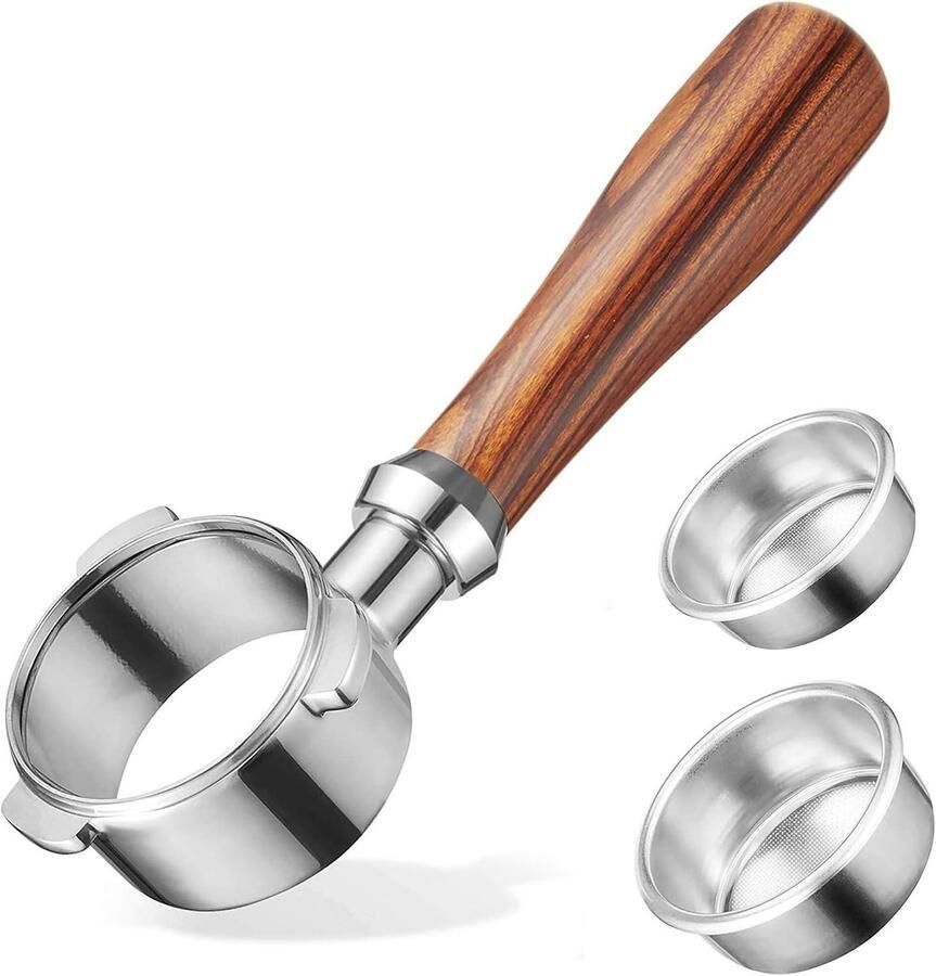 Bottomless Portafilter 51 mm met 3 Oren RVS Zeef en Rode Houten Handgreep voor Espresso Machines