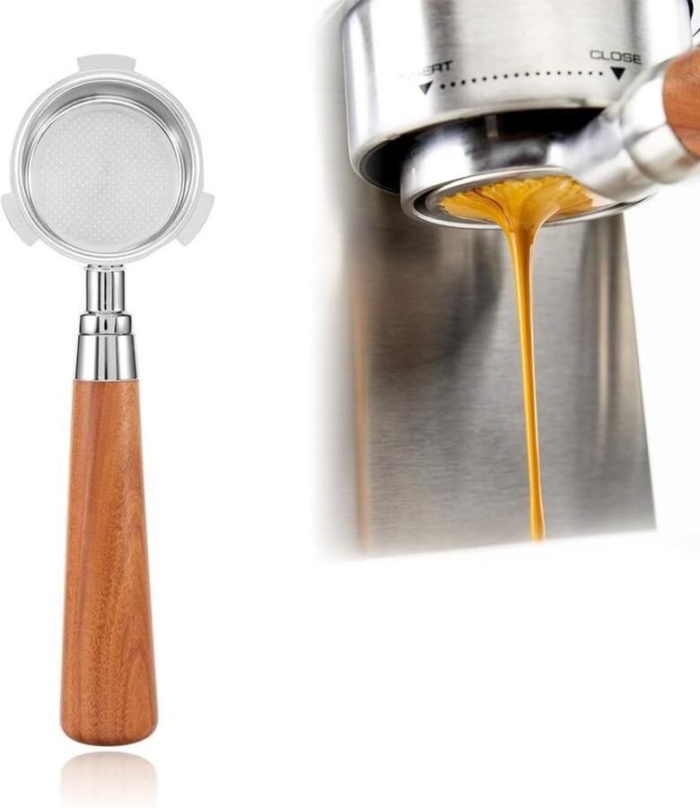 Bottomless filterhouder 51 mm voor espresso machines inclusief houten handvat en RVS filtermandje ideaal voor DeLonghi Dedica EC680 EC685 EC885