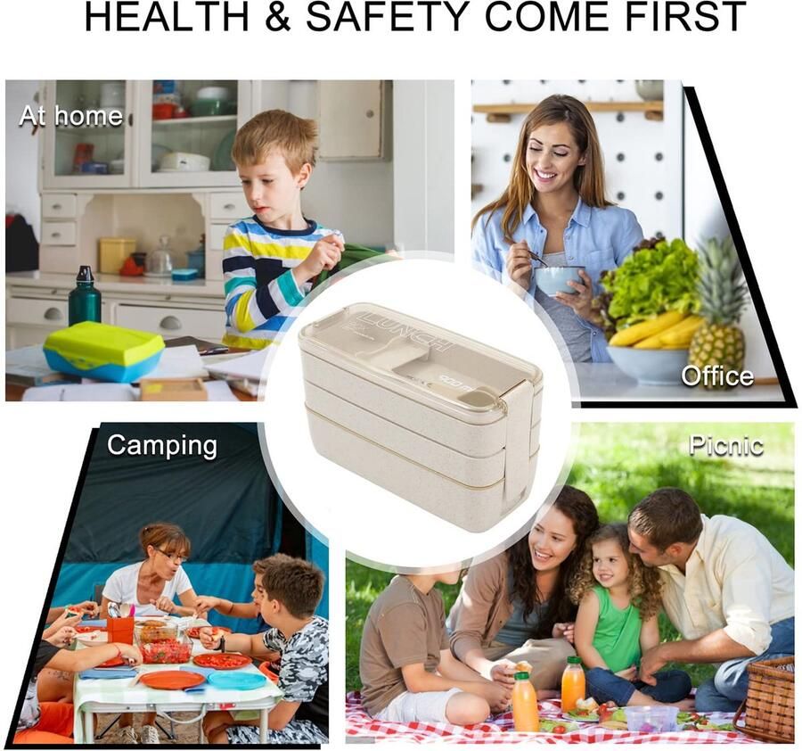 Box voor volwassenen en kinderen 3 lagen broodtrommel 900 ml met 3 vakken en bestek gelaagde lunchbox voor school