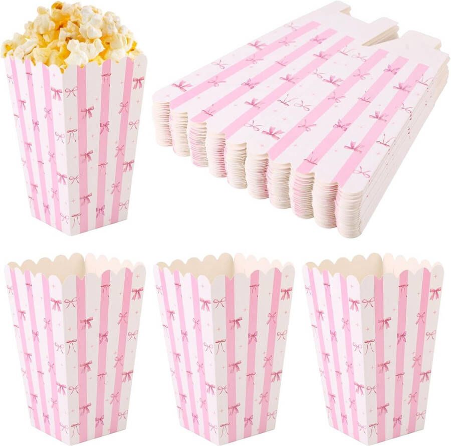 BOXOB 24Pcs Pink Bowknot Popcorn Boxes Small Snack Boxes Candy Boxes Popcorn Containers for Boys and Girls Birthday Parties Favors Supplies (White and Pink)