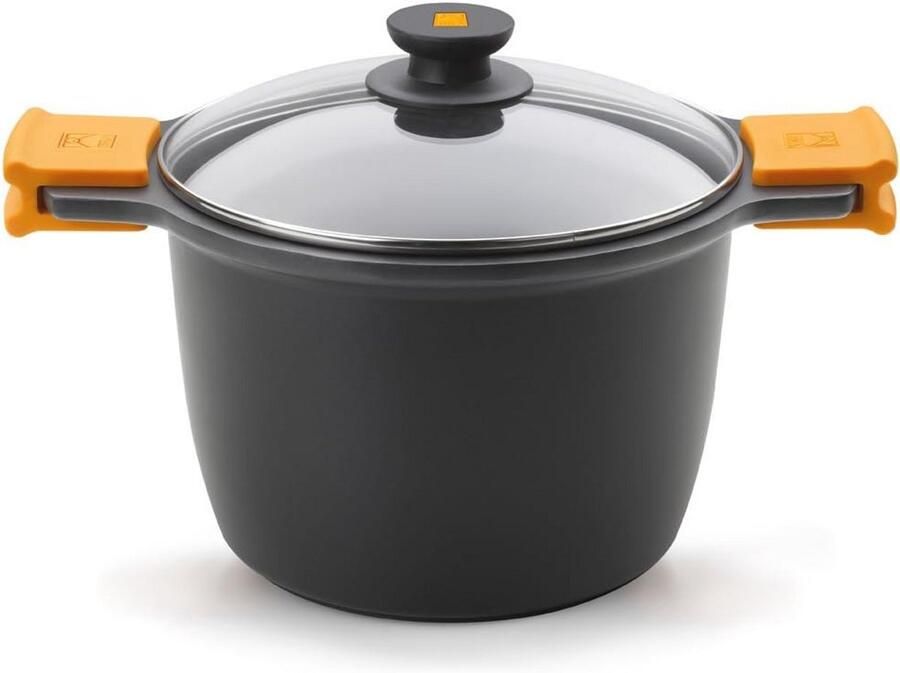 BRA Efficient hoge kookpan met glazen deksel en siliconen handgrepen gegoten aluminium met antiaanbaklaag Teflon Platinum Plus 20 cm zwart