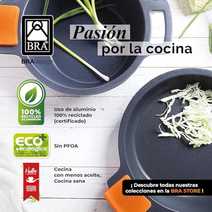 BRA Efficient hoge kookpan met glazen deksel en siliconen handgrepen gegoten aluminium met antiaanbaklaag Teflon Platinum Plus 20 cm zwart