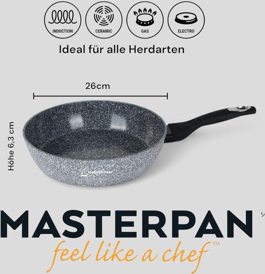 Braadpan Diep Koekenpan Wok Gezond Koken Marmeren Coating 26 cm Grijs